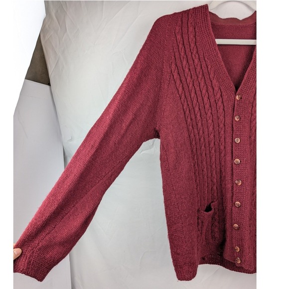 Vtg Womens Wool Cable Knit Cardigan Burgundy V Neck Button Long Sleeve Preppy - Picture 3 of 10